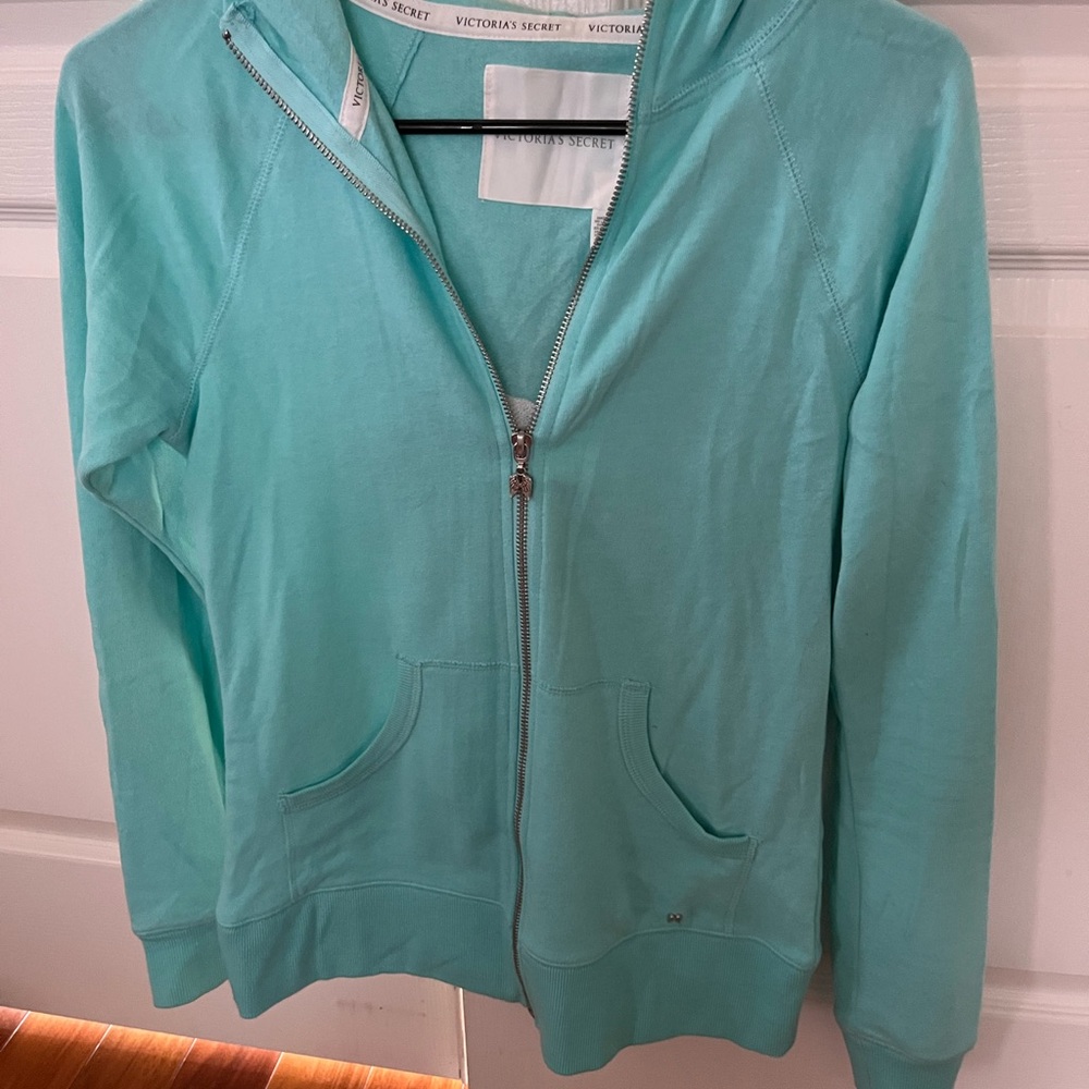 Vintage Victoria's Secret Women's Turquoise Hoodie Jacket - Picture 3 of 3